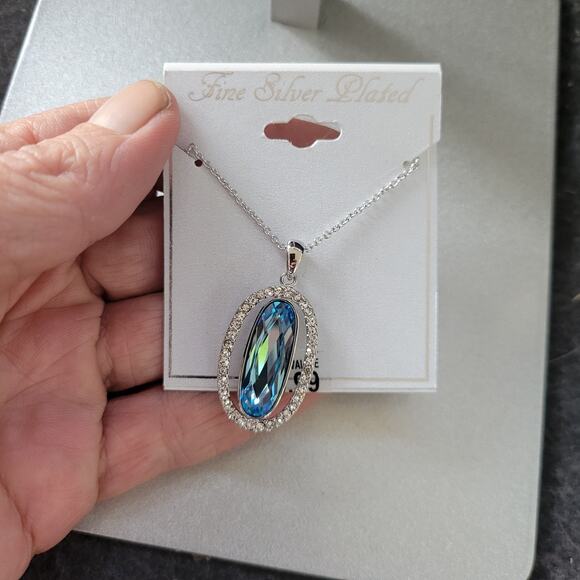 Silver Plated Oval Crystal Blue Pendant Necklace, 18in - Picture 1 of 6